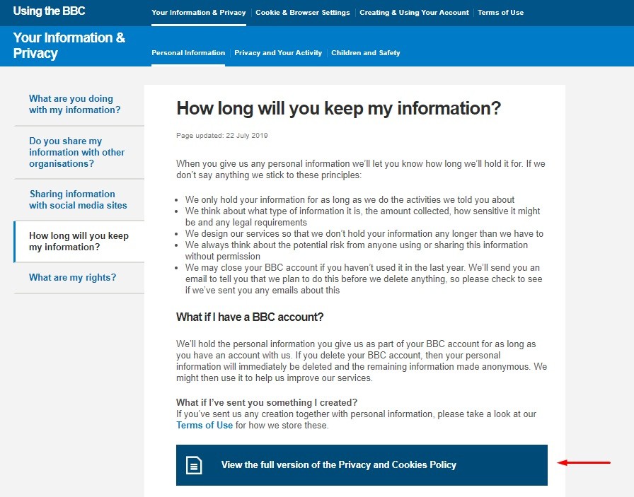 BBC: Your Information and Privacy - Data retention summary