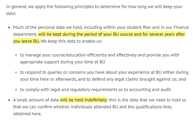 Bournemouth University Privacy Policy: Data Retention clause