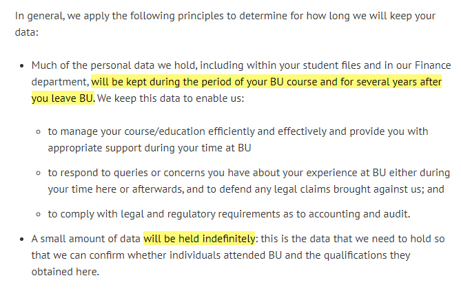 Bournemouth University Privacy Policy: Data Retention clause