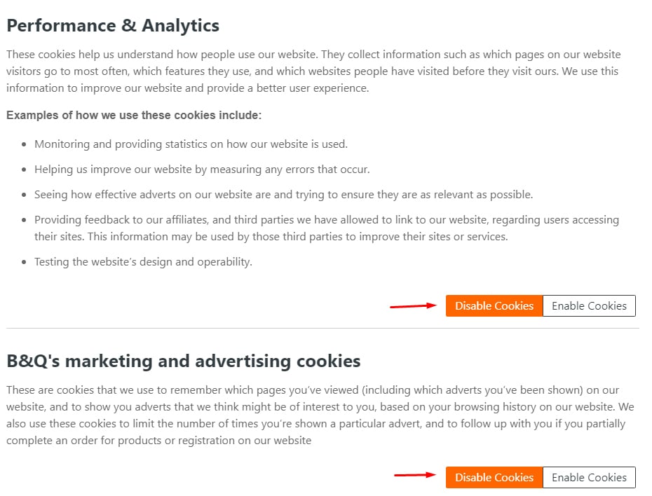 B and Q Cookie Preferences: Performance, analytics, marketing and advertising cookies settings