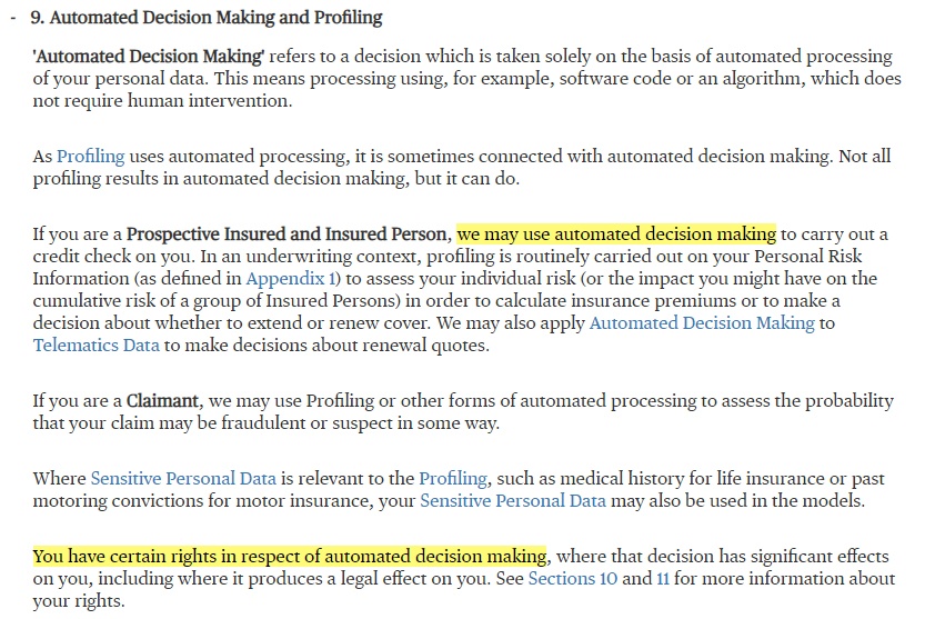 Chubb Privacy Policy: Automated Decision Making and Profiling clause