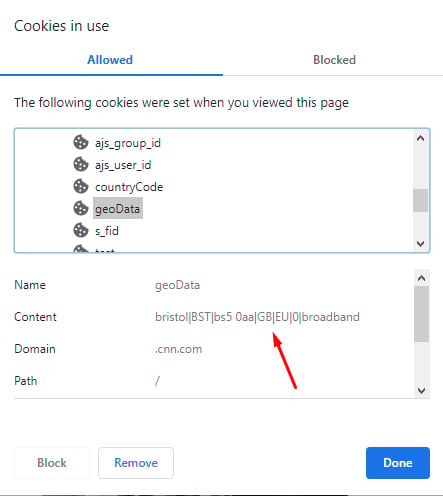 Cookies in Use - Block or Remove screen: Cookie content