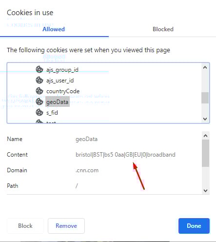 Cookies in Use - Block or Remove screen: Cookie content