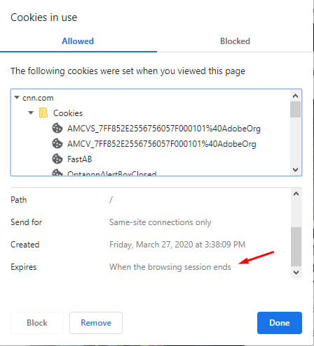 Cookies in Use - Block or Remove screen: Cookie expires highlighted