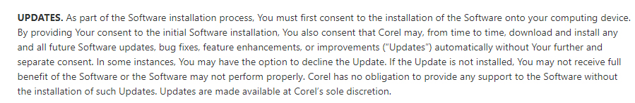 Corel EULA: Updates clause
