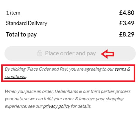 Debenhams checkout page with Terms and Conditions highlighted