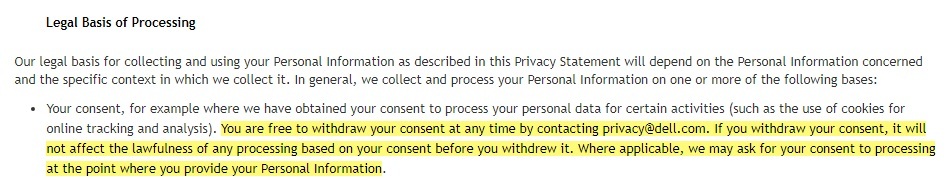 Dell Privacy Statement: Legal Basis of Processing clause - Consent section