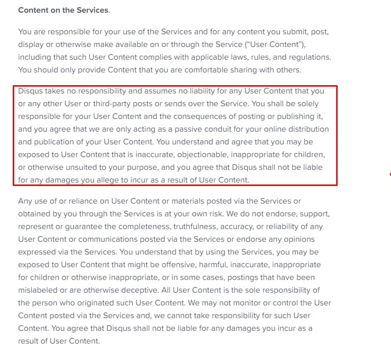 Disqus Terms of Service: Content - Limited liability clause