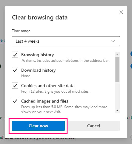 Edge browser Clear browsing data window with Clear now button highlighted