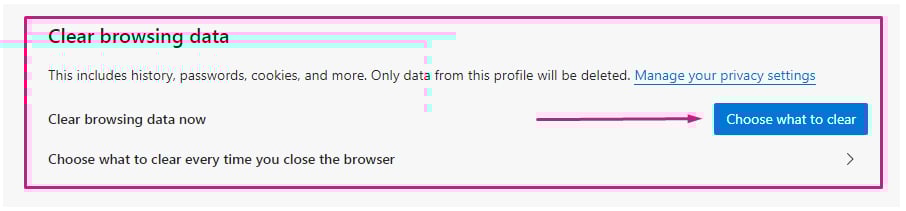 Edge browser Clear browsing data: Choose what to clear button highlighted