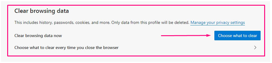 Edge browser Clear browsing data: Choose what to clear button highlighted