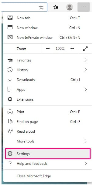 Edge browser menu with Settings highlighted