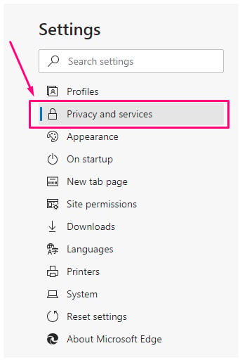 Edge browser Settings menu with Privacy and services highlighted