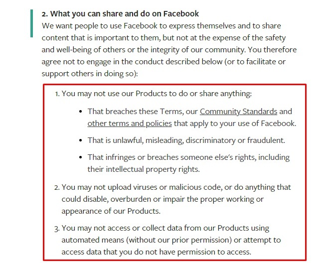 Facebook Terms of Service: Rules and restrictions clause