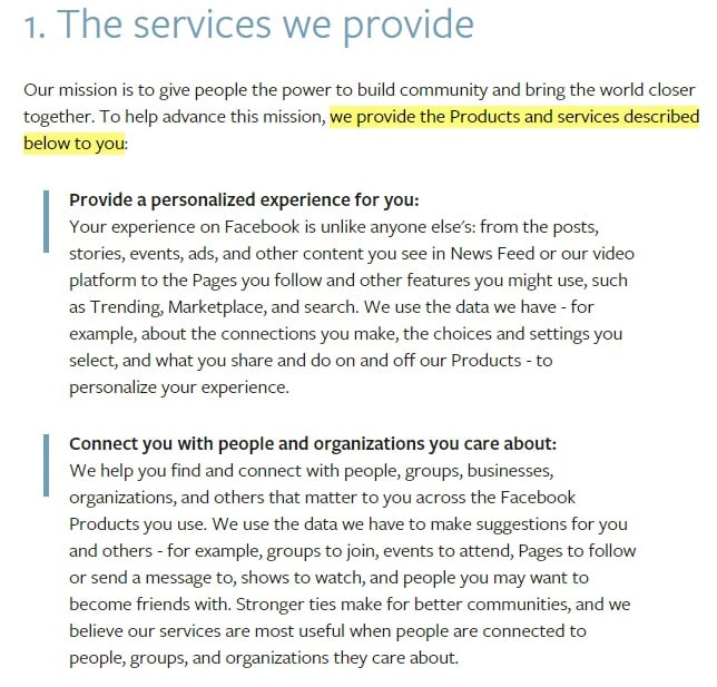 Facebook Terms of Service: Excerpt of Services We Provide clause