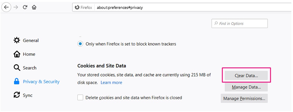 Firefox Cookies and Site Data with Clear Data button highlighted