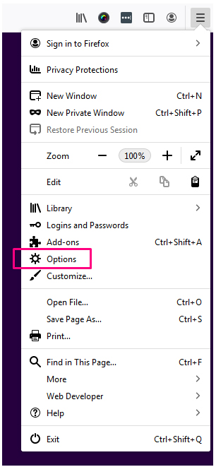 Firefox menu with Options highlighted