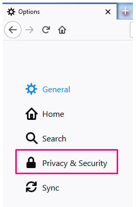 Firefox Options menu with Privacy and Security highlighted