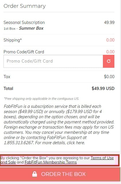 FitFabFun checkout page with Agree to Terms highlighted