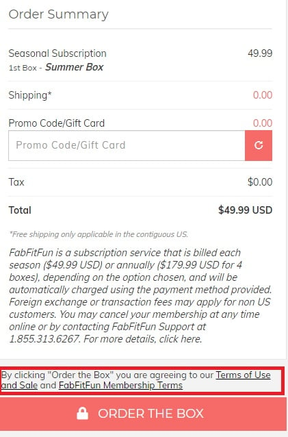 FitFabFun checkout page with Agree to Terms highlighted