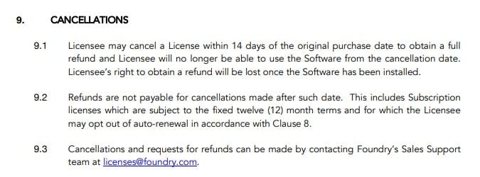 The Foundry EULA: Cancellations clause