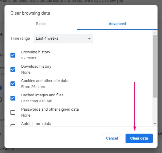 Google Chrome Clear browsing data window with Clear data button highlighted