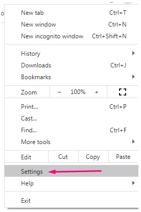 Google Chrome menu with Settings highlighted
