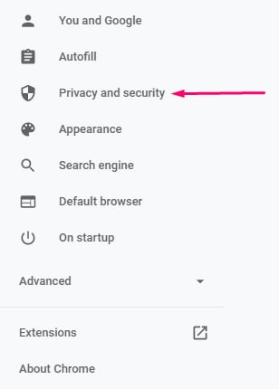 Google Chrome Settings menu with Privacy and security highlighted