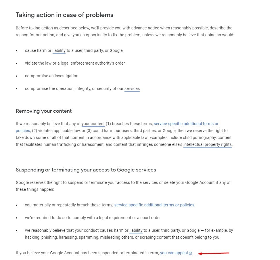 Google Terms of Service: Taking Action - Removing content, suspending or terminating access to services clause