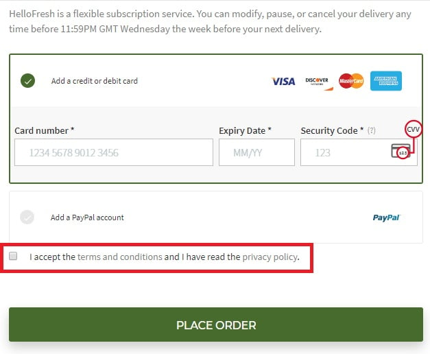HelloFresh place order page with Accept Terms and Privacy Policy checkbox highlighted