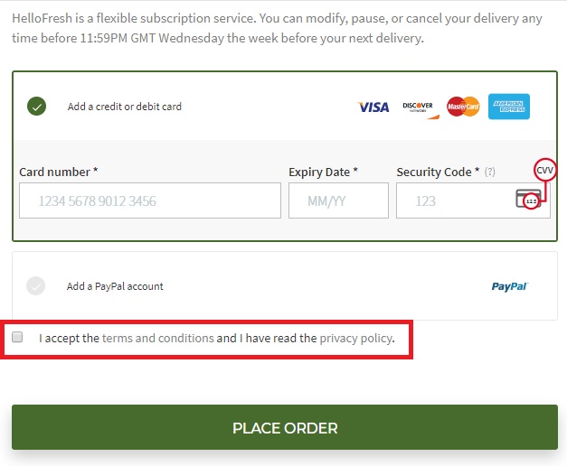 HelloFresh place order page with Accept Terms and Privacy Policy checkbox highlighted