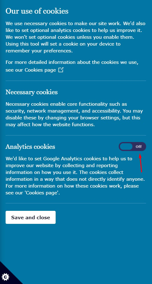 ICO Use of Cookies toggle screen