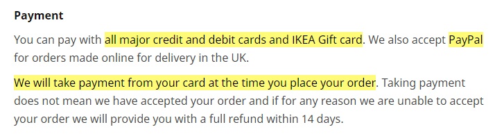 IKEA UK Terms and Conditions: Payment clause