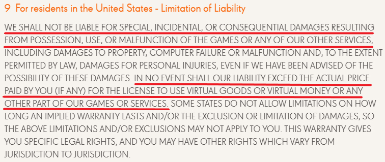 King Games Terms of Use: USA Limitation of Liability clause