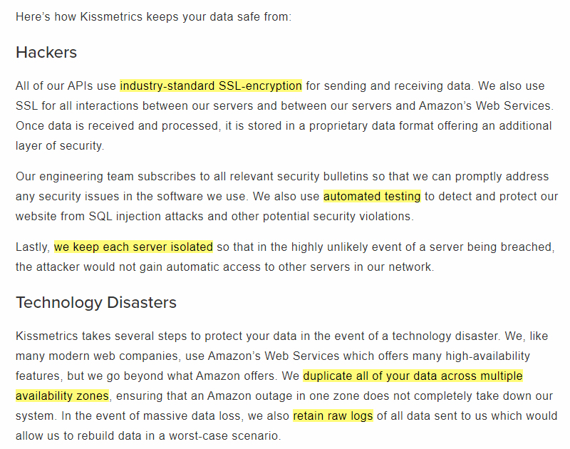 Kissmetrics How We Secure Your Data page - Hackers and Technology Disasters sections