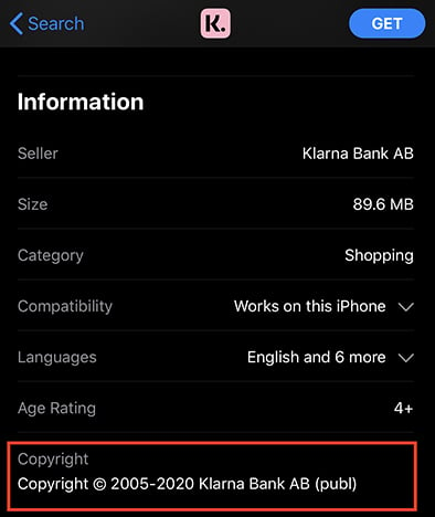 Klarna app Information menu with copyright notice highlighted