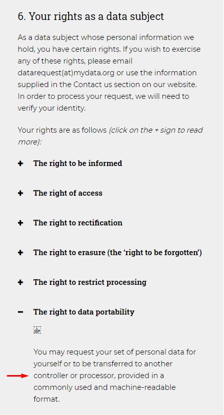 MyData Global Privacy Policy: Data Subject Rights - Data Portability clause