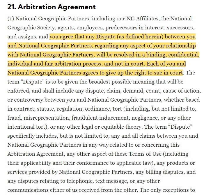 National Geographic Terms of Use: Arbitration Agreement clause