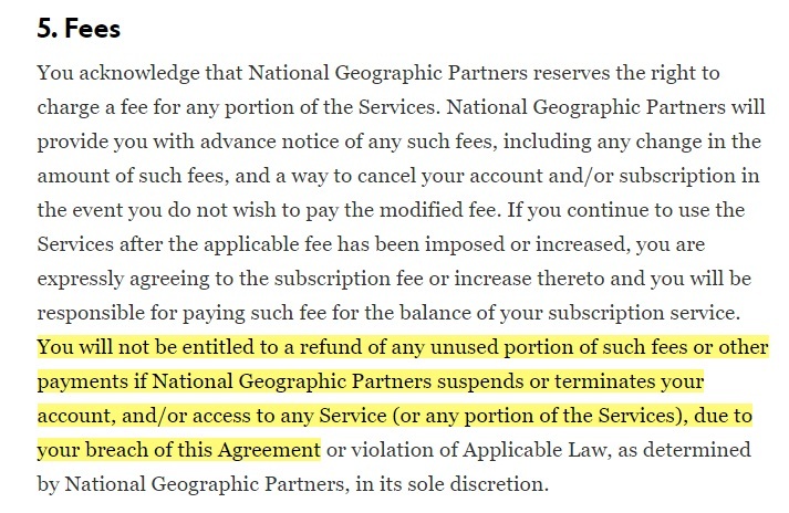 National Geographic Terms of Use: Fees clause