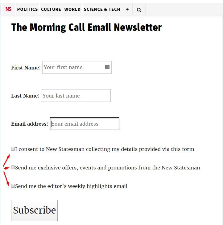 New Statesman email subscribe form with checkboxes