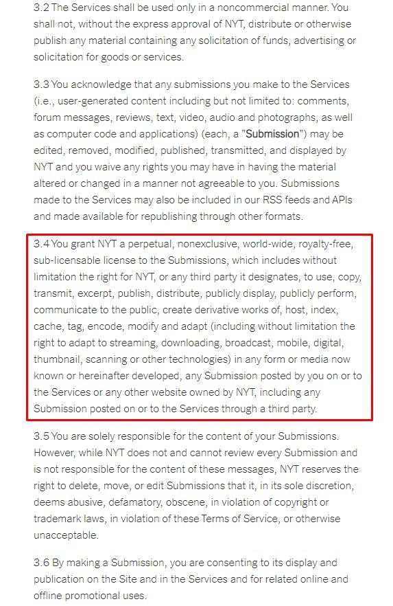 New York Times Terms of Service: User Generated Content clause excerpt