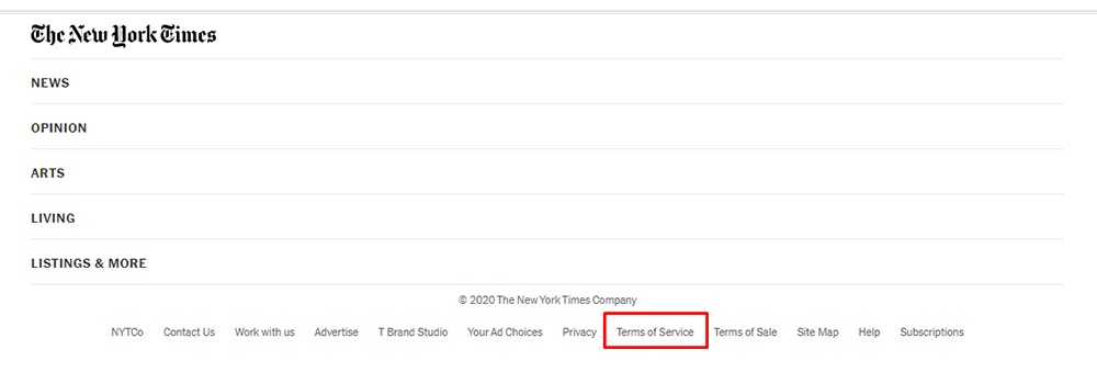 The New York Times website footer with Terms of Service link highlighted