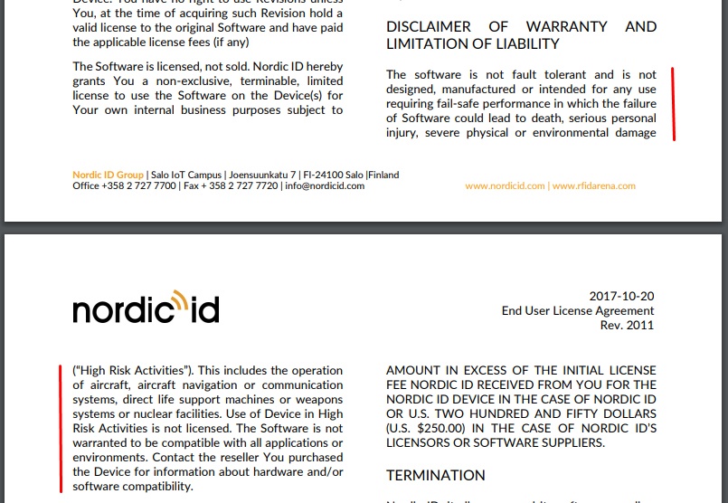 Nordic ID EULA: Disclaimer of Warranty and Limitation of Liability clause