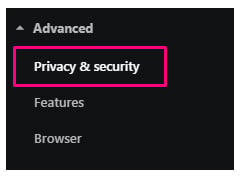 Opera Advanced menu: Privacy and security highlighted
