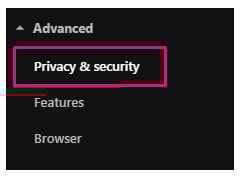 Opera Advanced menu: Privacy and security highlighted