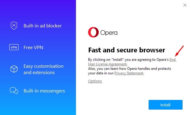 Opera browser install screen with EULA link highlighted