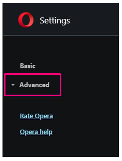 Opera Settings menu with Advanced menu highlighted