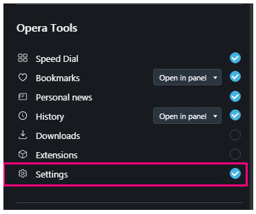Opera Tools menu with Settings highlighted