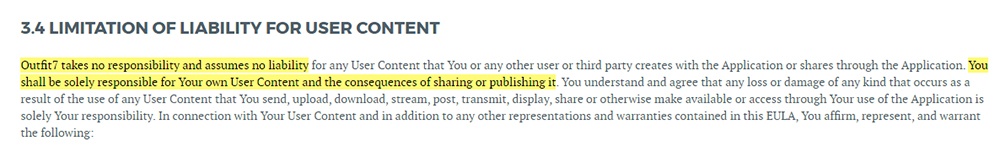 Outfit7 EULA: Limitation of Liability For User Content clause excerpt