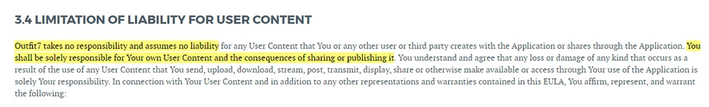 Outfit7 EULA: Limitation of Liability For User Content clause excerpt